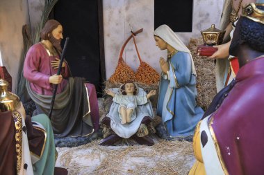 Elche, Alicante, Spain- December 23, 2024: Nativity Scene Figures in the town hall of Elche city at Christmas season clipart