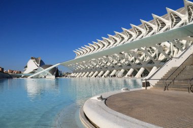 Valencia, İspanya - 27 Aralık 2024 Valencia şehrinin güneşli bir günde güzel bir sanat ve bilim manzarası