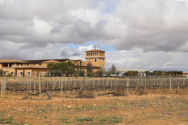 Chinchilla de Montearagon, Albacete, Castilla La Mancha, İspanya... 23 Mart 2025: Mahzen Finca los Aljibes, üzüm bağlarıyla çevrili rahat bir kır evi.