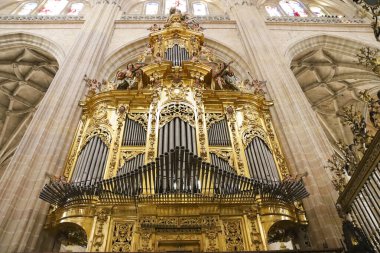 Segovia, Castilla y Leon, İspanya - 5 Nisan 2025: Segovia Katedrali 'nin güzel kuzey tarafı orgu