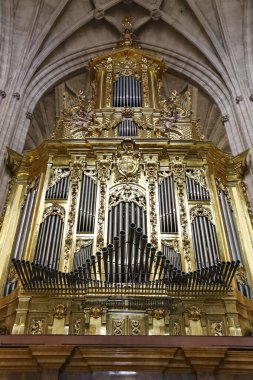 Segovia, Castilla y Leon, İspanya - 5 Nisan 2025: Segovia Katedrali 'nin güzel kuzey tarafı orgu