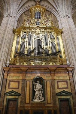 Segovia, Castilla y Leon, İspanya - 5 Nisan 2025: Segovia Katedrali 'nin güzel kuzey tarafı orgu