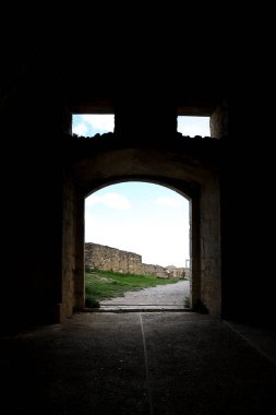 Morella, Castellon, İspanya 18 Nisan 2025 Morella Kalesi ve Kalesi 'nin mimari detayları.