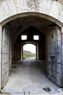 Morella, Castellon, İspanya 18 Nisan 2025 Morella Kalesi ve Kalesi 'nin mimari detayları.