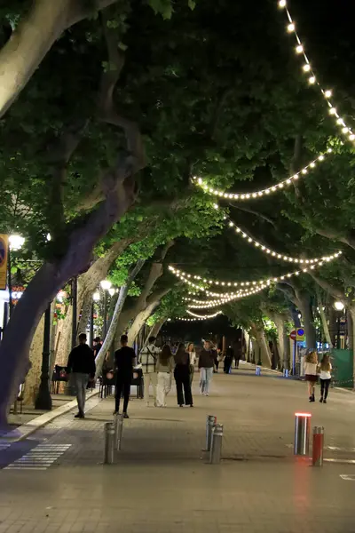 Denia, Alicante, İspanya - 18 Mayıs 2025: Marques de Campo Caddesi, Denia 'nın tarihi merkezinde gece vakti