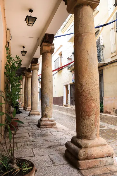 Alcaraz, Albacete, İspanya - 2 Mayıs 2025: Alcaraz kasabasında tarihi evleri olan Calle Belediye Başkanı denilen Dar Sokak