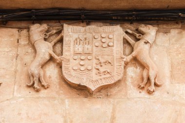 Alcaraz, Albacete, İspanya 'daki eski Alcaraz kasabasındaki tarihi evin ön cephesinde silahlar.