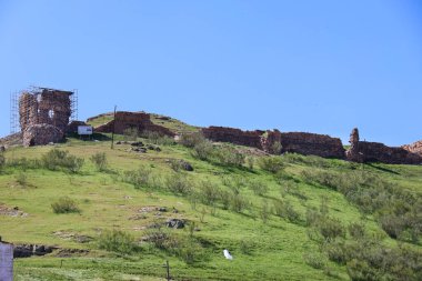 Alcaraz şehir kalesinin kalıntıları mavi gökyüzünün altında yeşil çayırlarla çevrili. Alcaraz, Albacete, İspanya