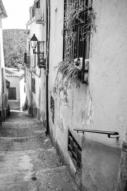 Alcaraz kasabası, Albacete, İspanya 'da eski güzel evleri olan dar bir sokak. Kedi ön plandaki balkonda dinleniyor.