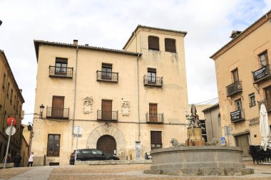 Segovia, İspanya - 6 Nisan 2025 San Martin Meydanı ve eski Segovia şehrindeki Lions çeşmesi