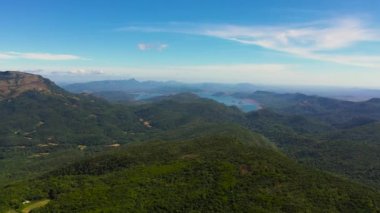 Aerial view of Fresh green foliage, tropical plants and trees covers mountains and ravine. Sri Lanka.