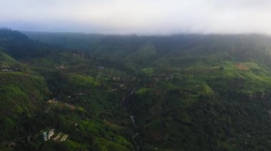 Aerial view of waterfall among tea plantations and mountains. Puna Ella Falls, Sri Lanka