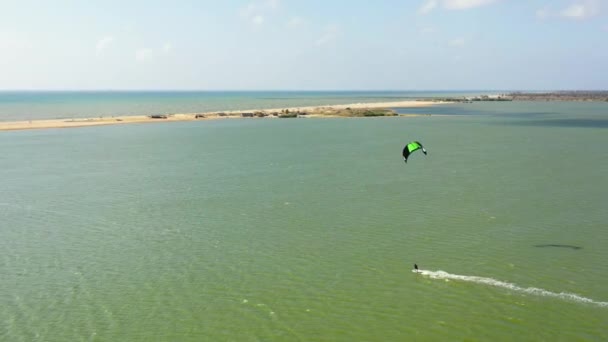 Aerial Drone Kitesurfers Ride Kites Flat Surface Kalpitiya Beach Kitesurfing — Video Stock