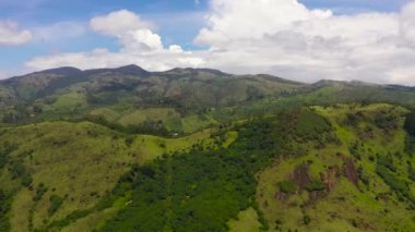 Aerial drone of hillsides and mountains with tea plantations against a background of blue sky and clouds. Sri Lanka.