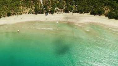Mavi sularla kaplı tropikal kumlu bir sahil. Nagtabon. Palawan, Filipinler. Deniz manzarası, kum, palmiye ağaçları. Yaz ve seyahat tatil konsepti