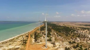 Aerial drone of Group of wind turbines on the coastline. Jaffna, Sri Lanka. Wind power plant.