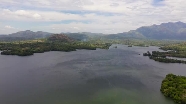熱帯林に囲まれた山々に囲まれた島々と湖の空中ビュー ロガルオヤ貯水池 スリランカ — ストック動画