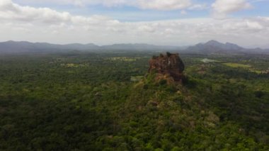 Aerial view of Sigiriya Rock or Lion Rock near Dambulla in Sri Lanka. Green rainforest and jungle.