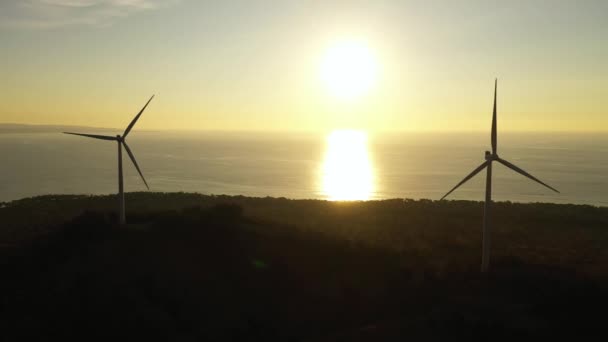 Wind Turbines Electric Power Production Seashore Sunset Wind Power Plant — Stok video