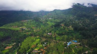 Mountain landscape: mountains with green forests and agricultural land with farm plantations. Ramboda, Sri Lanka.