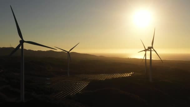 Aerial View Wind Farm Wind Turbines Seashore Sunset Wind Power — Stock video