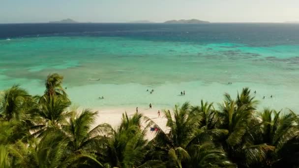 Εναέρια Θέα Παραλία Τουρίστες Στο Τροπικό Νησί Φοίνικες Και Καταγάλανα — Αρχείο Βίντεο