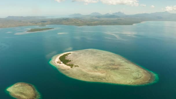岛上和沙滩上都有游客 沙洲周围环绕着珊瑚礁和蓝海 空中无人驾驶飞机 热带岛屿和珊瑚礁 海星岛暑假和旅行假期的概念 — 图库视频影像