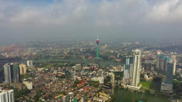 Aerial Drone Colombo City Skyline Modern Architecture Buildings Lotus Towers — Stok Video
