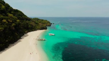 Gökyüzü deniz manzarası: Palmiye ağaçları ve mercan resifinin turkuaz sularıyla tropik plaj, yukarıdan, Puka deniz kabuğu plajı. Boracay, Filipinler. Tropikal adada sahili olan deniz burnu. Yaz ve seyahat