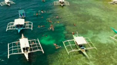 İnsanlar açık mavi okyanus suyuyla mercan resifinde yüzüyorlar. Moalboal, Filipinler. İnsanlar mercan resifleri arasındaki şeffaf denizde yüzerler. Yaz ve seyahat tatil konsepti.