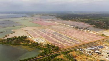 Salt fields of the plantation and pools with sea water view from above. Salt production in Sri Lanka.