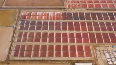 Aerial view of Pools with water for evaporation, extraction and production of salt in Sri Lanka.