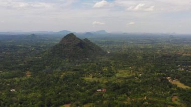 Aerial drone of Mountain valley with farmland and tropical forest. Sri Lanka.