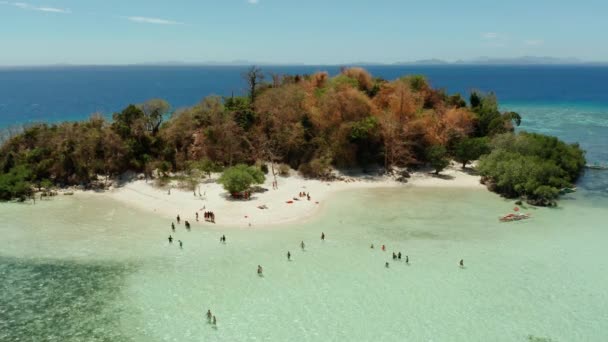砂の白いビーチ 澄んだ青い水を持つ空中ビュー熱帯の島 Cycビーチ フィリピン パラワン州 青いラグーン サンゴ礁と熱帯の風景 旅行のコンセプト — ストック動画
