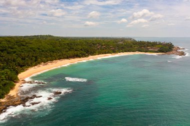Aerial drone of Sandy beach and turquoise water. Sri Lanka. Summer and travel vacation concept.
