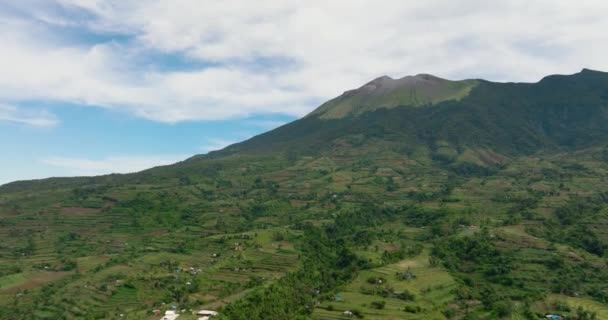 Aerial Drone Farmland Plantings Background Mountains Blue Sky Canlaon Volcano — Stock video