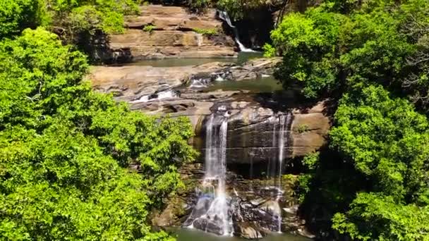 Waterfall Rainforest Jungle Aerial Drone Sera Ella Falls Sri Lanka — Stockvideo