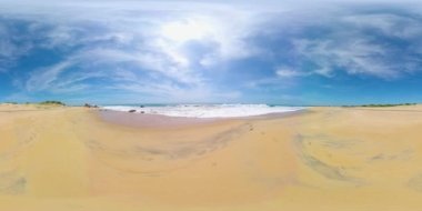 Sandy beach and blue ocean. Wisky point beach, Pottuvil, Sri Lanka. 360 panorama VR.