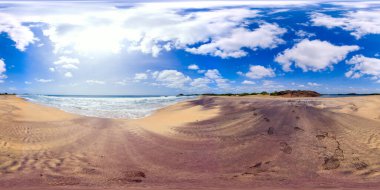 Large sandy beach and blue ocean waves. Arugam Bay, Sri Lanka. 360 panorama VR.