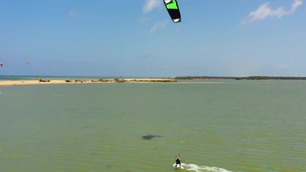 Aerial Drone Kitesurfers Enjoying Wind Power Kalpitiya Beach Kitesurfing Tropics — Video Stock