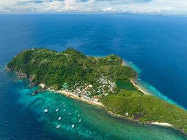 Aerial view of tropical island with a beach. Apo Island. Popular dive site and snorkeling destination with tourists. Negros, Philippines.