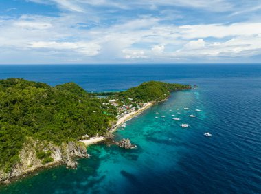 Aerial drone of island with sandy beach and coral reef. Apo Island. Negros, Philippines.