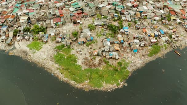 Les Bidonvilles Manille Près Port Rivière Polluée Par Plastique Les — Video