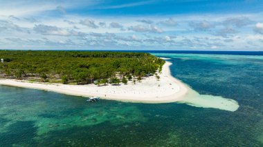 Island with beautiful beach, palm trees by turquoise water view from above. Patongong Island with sandy beach. Balabac, Palawan. Philippines.