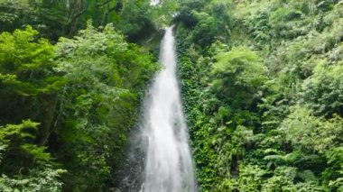 Pulang Tubig Falls waterfall in a mountain gorge in slow motion. Waterfall in the tropical forest. Negros, Philippines.
