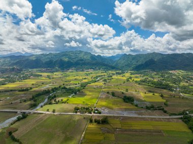 Aerial view of Agricultural land and mountains with green forest.Philippines.