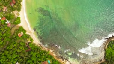 Palmiye ağaçlarının arasındaki göldeki Hiriketiya plajının en üst görüntüsü. Sri Lanka.