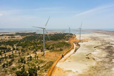 Wind Turbine Power Generators At Sea Coastline. Alternative Renewable Energy. Jaffna, Sri Lanka.