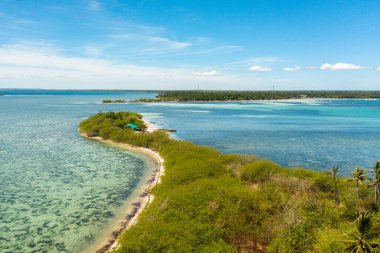 Plajlı kıyı şeridi ve mavi sulu tropikal deniz. Filipinler.