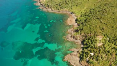 Mercan resifi ve mavi lagünü olan tropikal adanın havadan görünen kıyı şeridi. Palawan, Filipinler. Tropikal manzara. Deniz Burnu Adası ve berrak mavi su. Tropikal manzara, seyahat kavramı